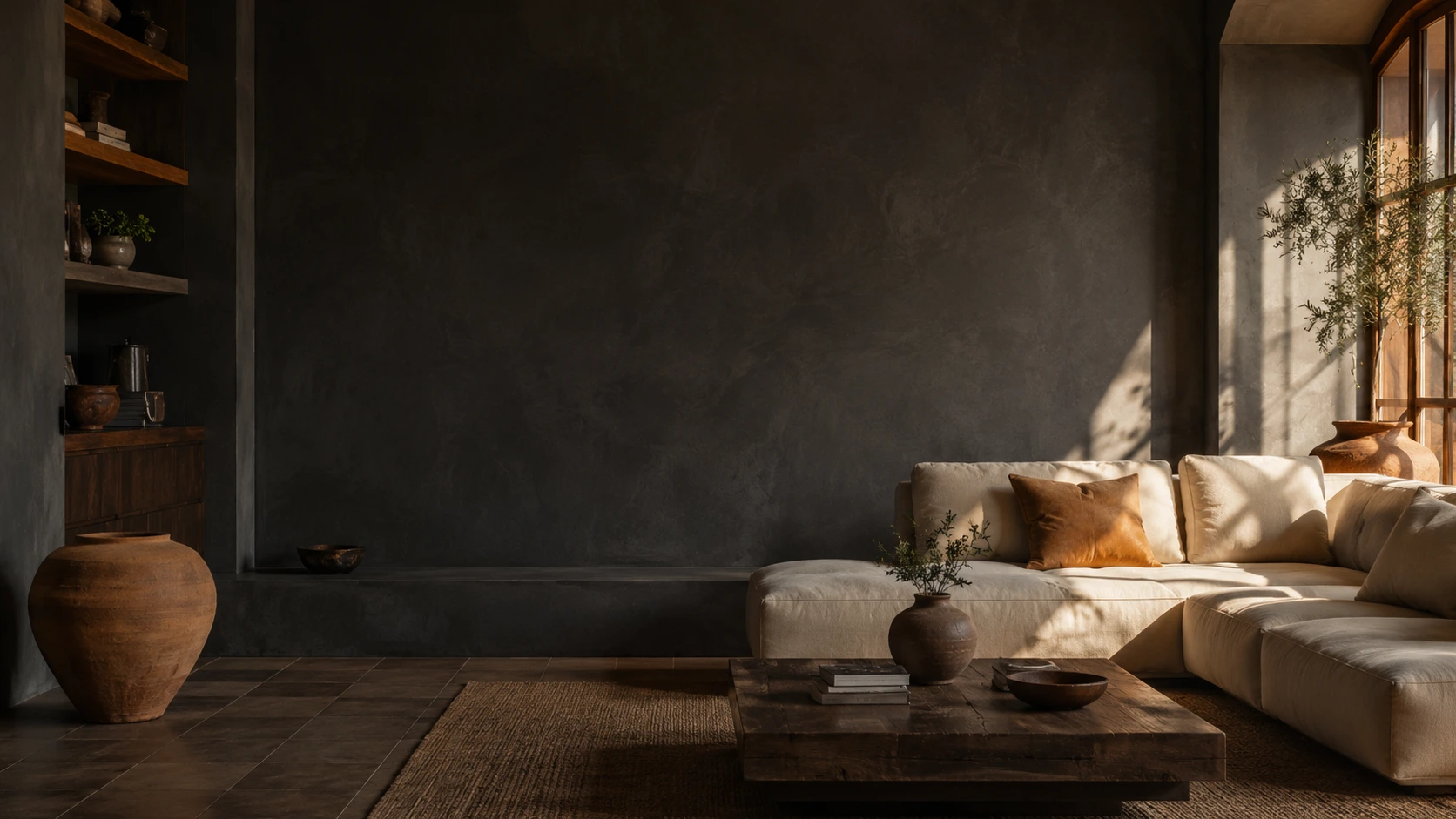 Salón moderno y cálido con pared elegante, sofá claro y mesa baja